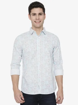 Blue & White Printed Slim Fit Semi Casual Shirt | JadeBlue