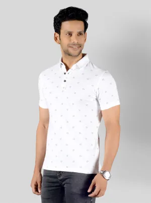 White Printed Slim Fit Polo T-shirt | JadeBlue